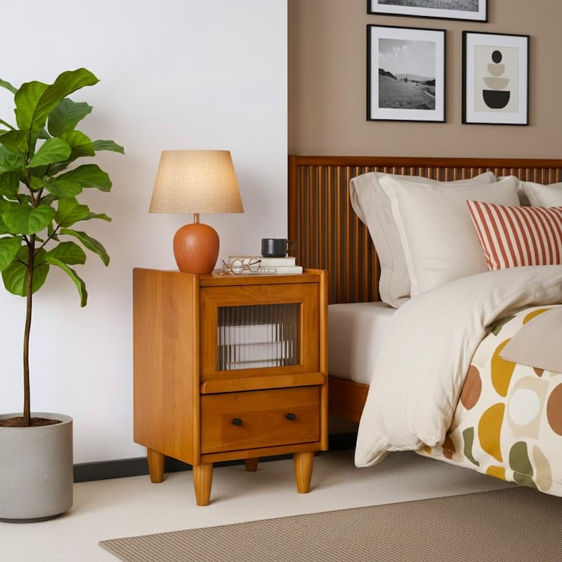 Traditional Vintage Pine Glass Nightstand 2-Drawer For Bedroom