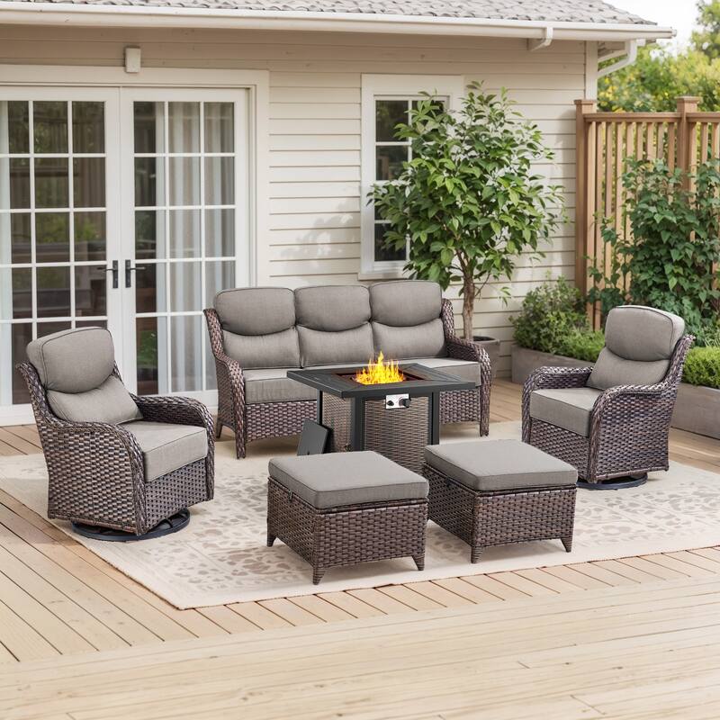 Pocassy 30 Inch Fire Pit Table with Sofa Swivel Chair Set - Gray Cushion Brown Wicker - 6-Piece Sofa Siwvel Chair Ottoman w/ Fire Table