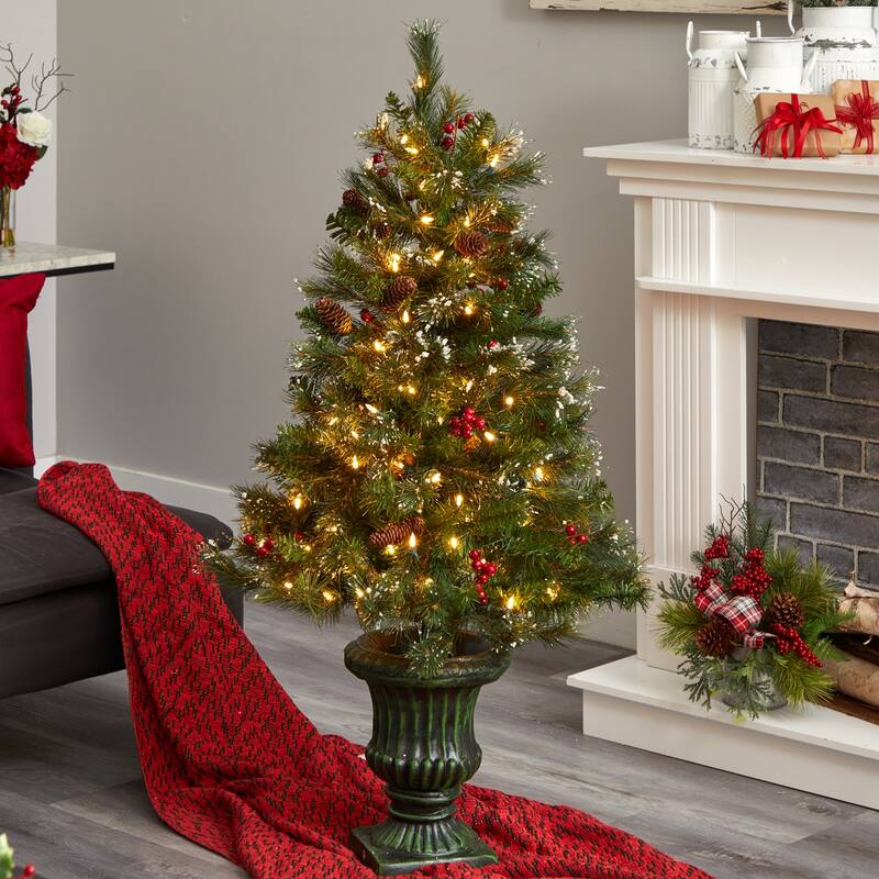 4ft. Christmas Tree with Berries, Pinecones, LED Lights & Decorative Urn - Festive Holiday X-Mas Decoration