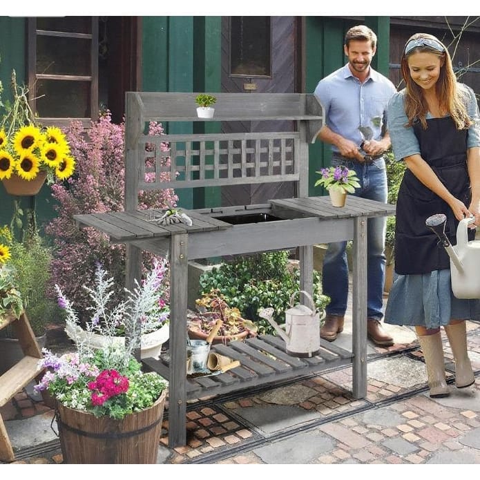 Wooden Plant Shelving, Potting Bench, Sliding Tabletop and Dry Sink