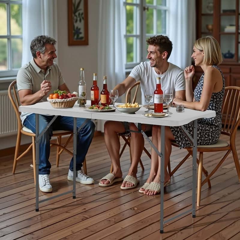 4ft White Portable Folding Camping Table with Adjustable Height for Picnic BBQ Party and Outdoor Use