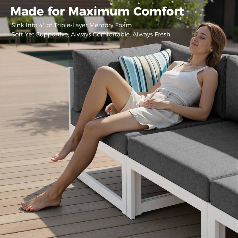 7 Piece Aluminum Patio Furniture Set with Fire Pit Propane/Gas, 29 inch Deep Wide Seat Aluminum Outdoor Sectional