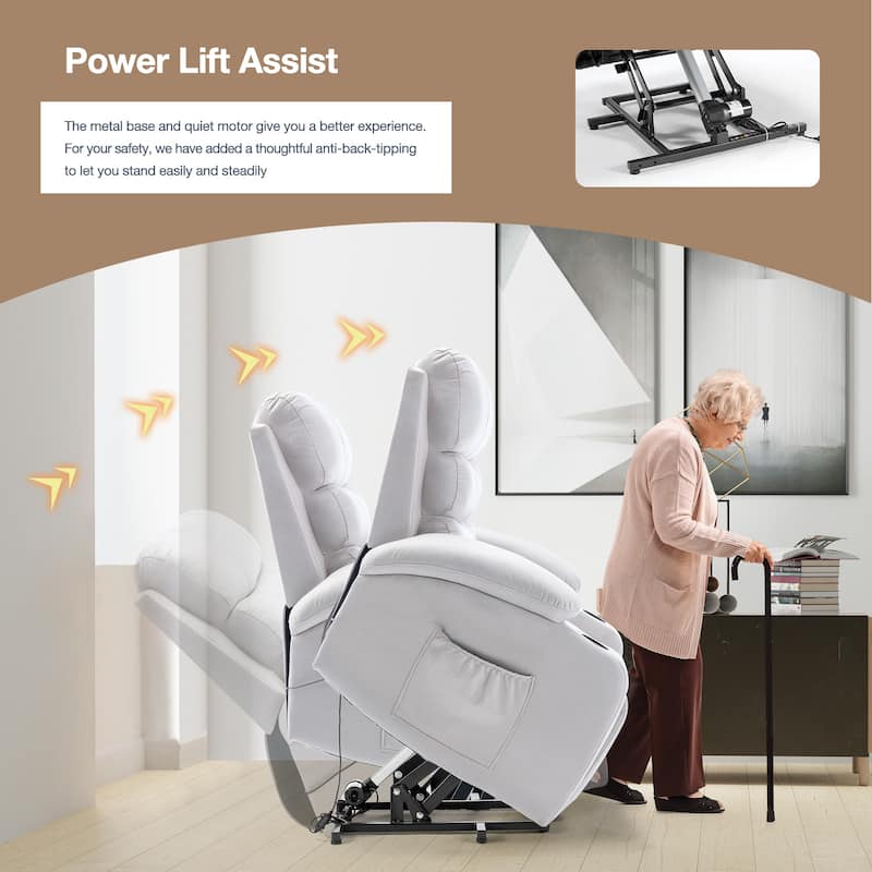 Oversized Power Lift Recliner Chair with Massage & Heat, PU Leather, USB Port, Cup Holders & Pockets