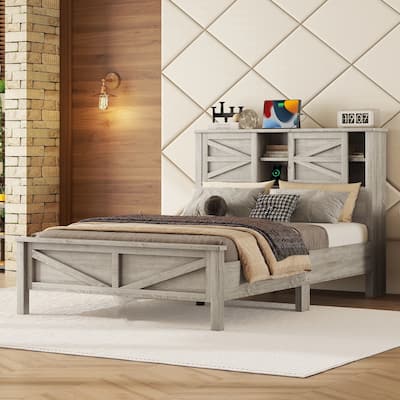 Antique Gray Full Size Farmhouse Platform Bed with Sliding Barn Door