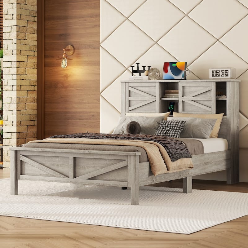 Farmhouse Platform Bed with Double Sliding Barn Door,Rustic Wood Bed with Charging Station - Antique Gray - Full