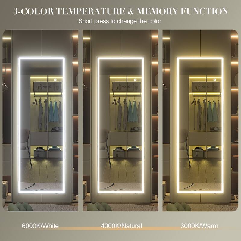 KIOTEE Aluminum Alloy Frame Led Lighted Tempered Glass Full Length Mirror With 3 Color Temperature & Brightness Adjustment