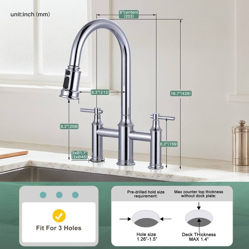 WOWOW Double Handle Pull Down Sprayer Bridge Kitchen Faucet