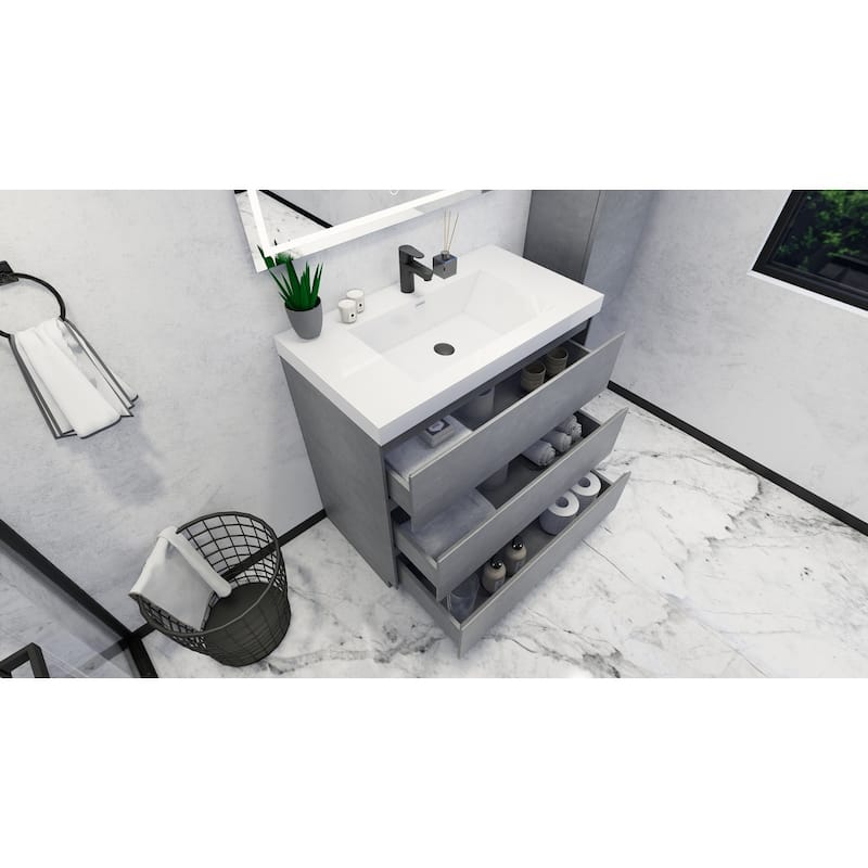 Angeles 36" freestanding bath vanity with single basin reinforced acrylic top.