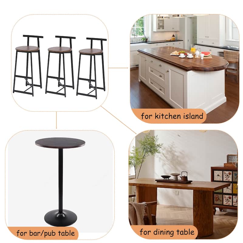 Set of 3 Counter Height Bar Stools with Back, Armless Dining Chairs for Kitchen Island - Black & Walnut Brown