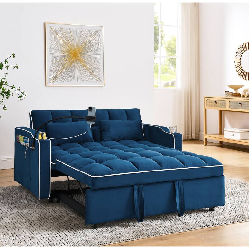 Convertible Velvet Sofa Bed with Adjustable Back, USB Port, Swivel Phone Stand & Pillows - Blue
