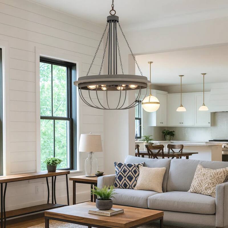 Nexy 29 Inch Chandelier, 8 Light Bulb Sockets, Gray Metal Cage Design