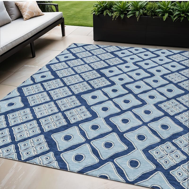 Navy Blue And Light Blue Geometric Washable Indoor Outdoor Area Rug - 5' X 8' - 5' X 8' - Blue