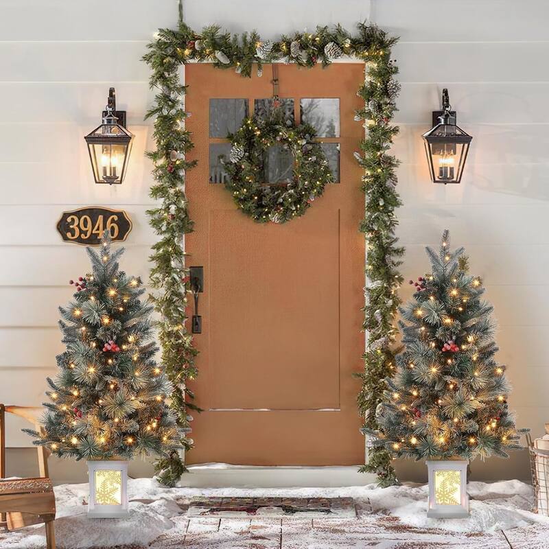 3FT Artificial Desktop Pre-Lit Christmas Tree, Snowflake Light Box Base - Green 2 pcs