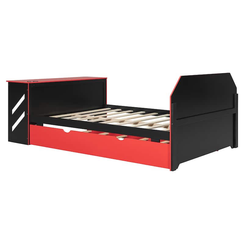 Full Daybed with Trundle, Wood Daybed with Built-in Desk and USB Charging Station, Twin Trundle Bed with Storage