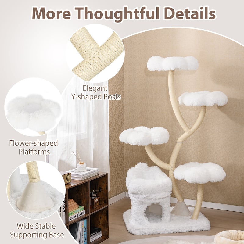 White Wood Plush Cat Tower with Condo, Sisal Posts and Flower Platforms - Overall Height: 65"