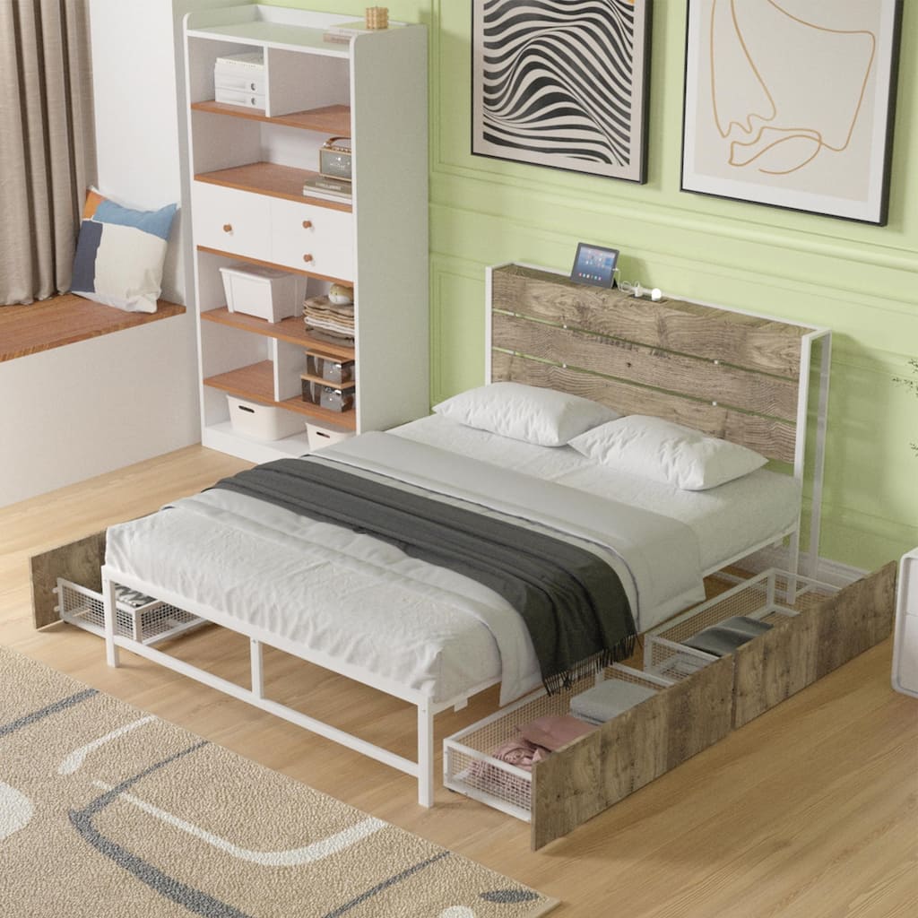 Antique Finish Metal Full Bed Frame with 4 Drawer - White