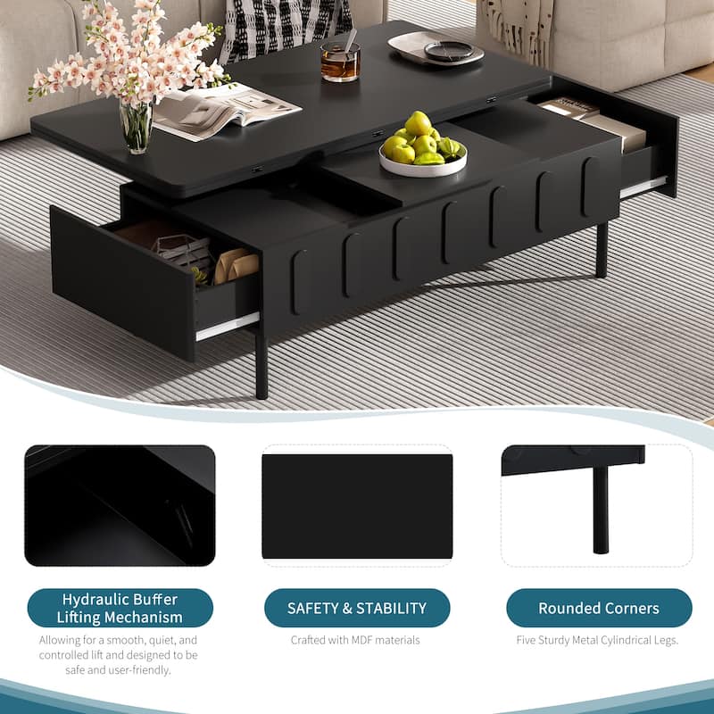 Roomfitters Lift-Top Coffee Table with 2 Drawers and Foldable Top, Hidden Storage Compartment, Adjustable Center Table