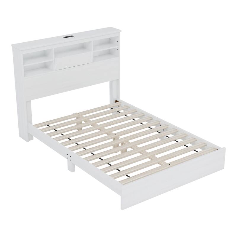 Vintage Queen Bed with Storage Headboard, USB Ports, and Charging Station