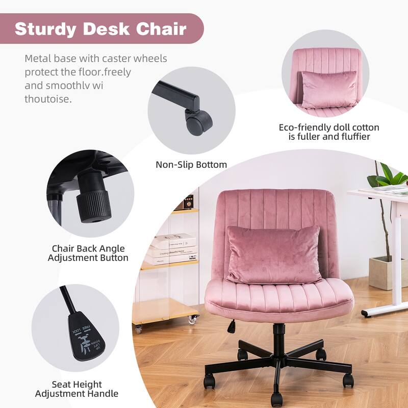 Velvet Criss Cross Armless Office Chair with Wheels - Versatile for Home Office, Meditation & Makeup