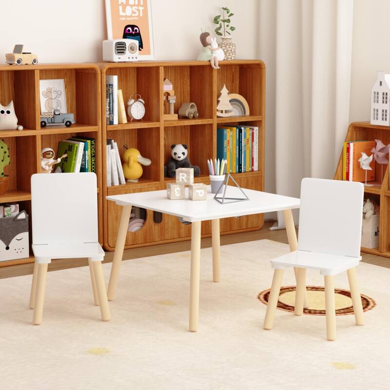 Anmytek Toddler 3-Piece Wooden Table and Chair Set Kids Activity Desk with Animal Backrest for Playroom Nursery