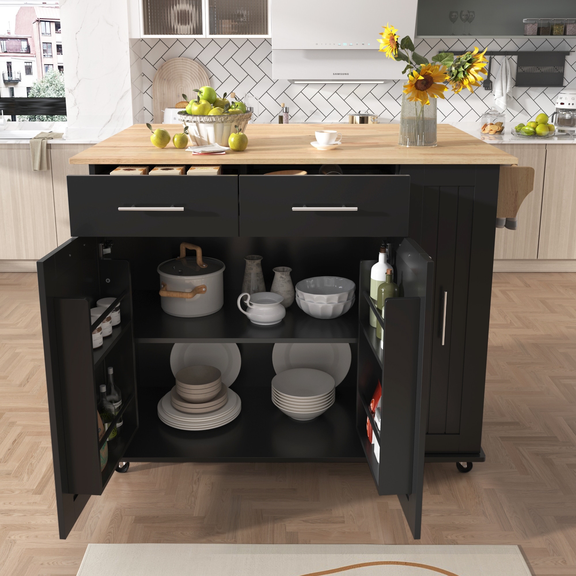 46.1'' Kitchen Island with Drop Leaf, 3 Tier Pull Out Cabinet Organizer, Towel Rack and 2 Drawers - 46'' x 29.5'' x 37''