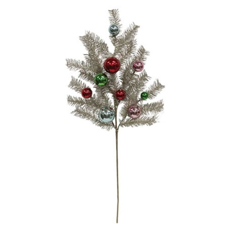 Silver Platinum Tinsel and Bauble Spray with Multicolor Accents for Holiday Decor - 8 x 3 x 30 in. - Silver