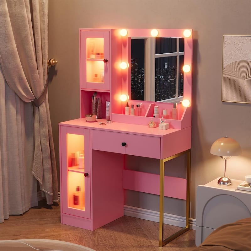 Vanity Desk, Makeup Dressing Table with LED Lights, Mirror, Built-in Outlets & USB Ports - Pink