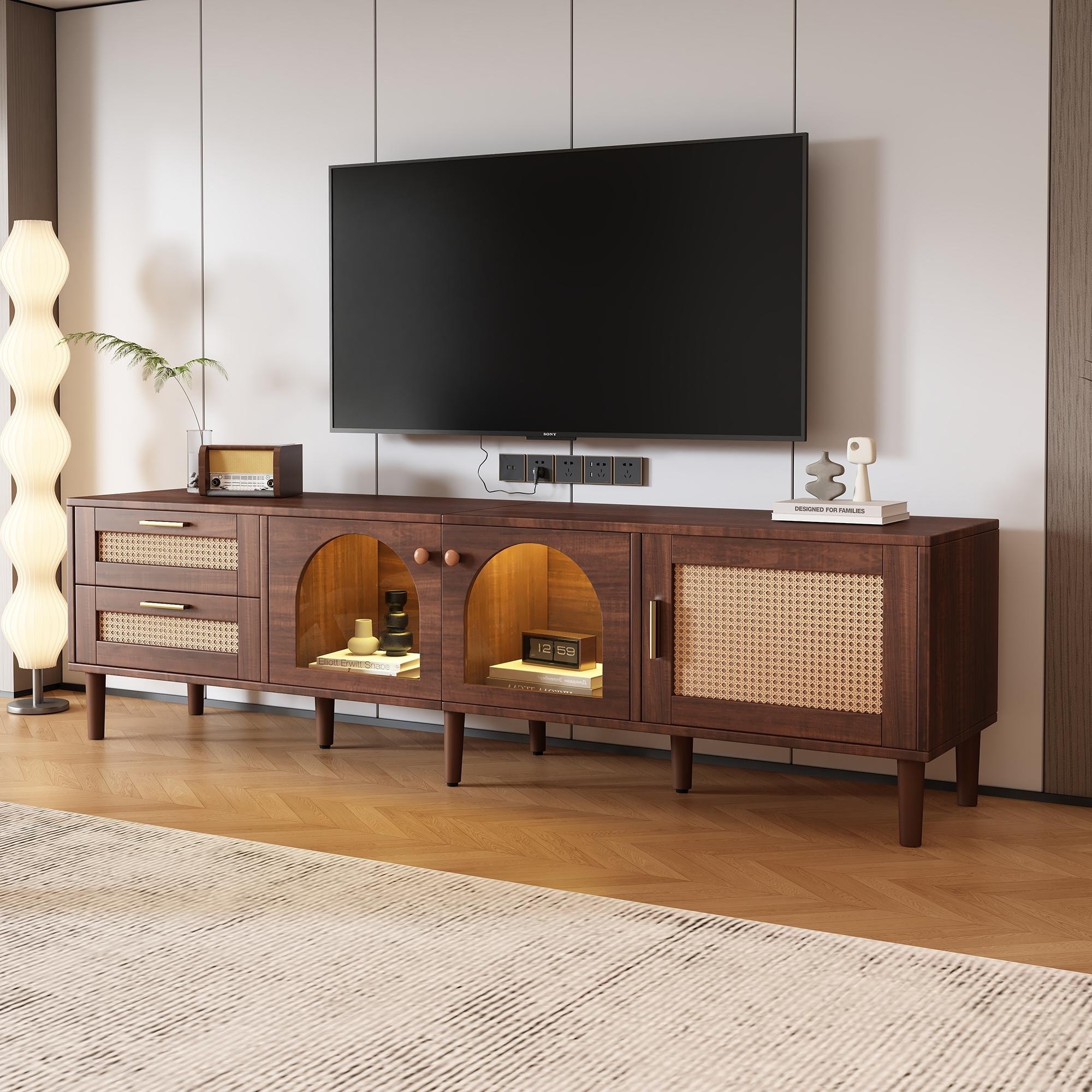 Modern Rattan TV Stand LED TV Stand, for TVs Up to 80'' with 3 Cabinets and 2 Drawers, for Living Rooms, Bedroom
