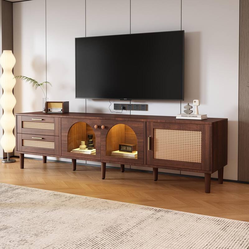 Rattan TV Stand for TVs up to 80'', LED Light Entertainment Center with 3 Cabinets & 2 Drawers - Brown