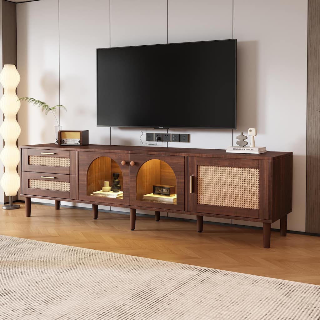 Rattan TV Stand for TVs up to 80'', LED Light Entertainment Center with 3 Cabinets & 2 Drawers