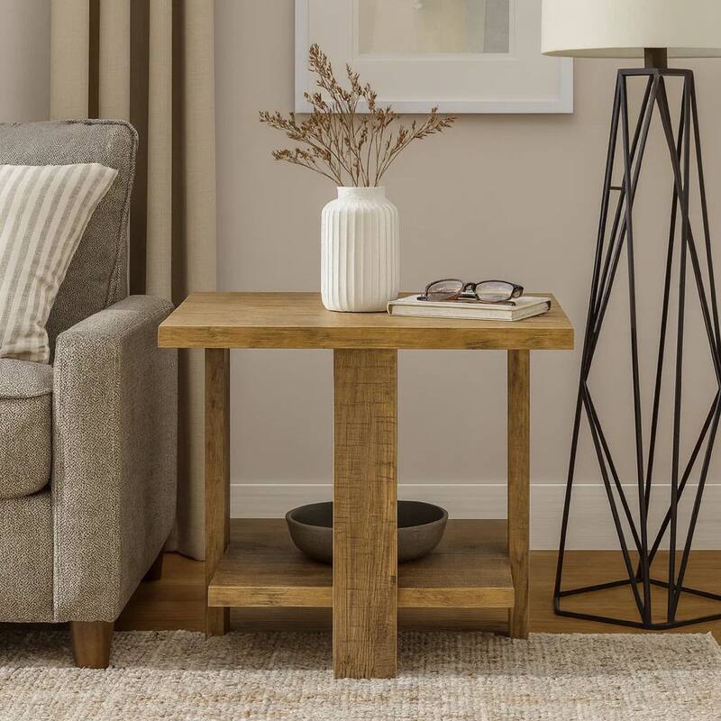 Dew 24 Inch Side End Table with Lower Shelf, Engineered Wood, Mango Brown