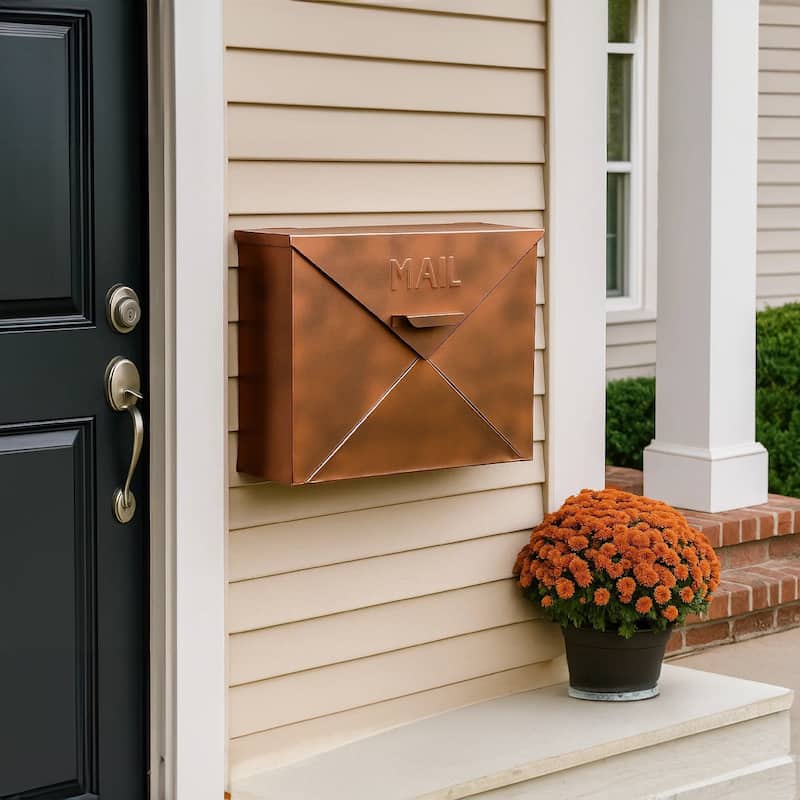 Envelope Shaped Wall Mount Metal Mail Box, Copper
