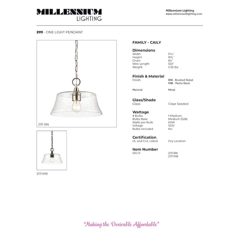 Millennium Lighting Caily 1 Light Pendant in Matte Black or Brushed Nickel with Seeded Glass Shade