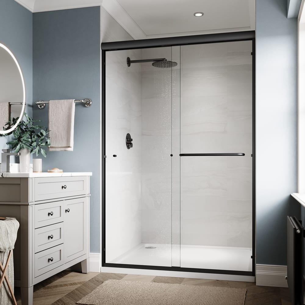 Elegant Double Sliding Shower Door in Matte Black Finish with 1/4 inch Clear Shower Tempered Glass Panel Tub Door
