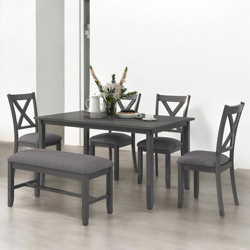 6-Piece Rectangular Dining Table Set with 4 Upholstered Chairs and Bench, Wood Kitchen Table for Family Dining Room - Gray
