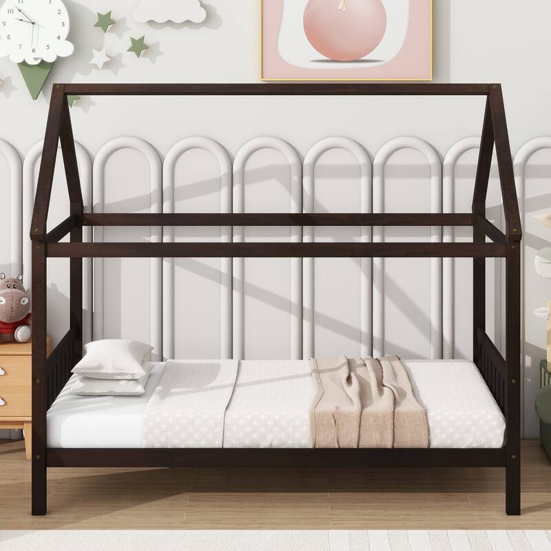House-Shaped Twin Bed with Headboard & Footboard, Rubber Wood Frame in Espresso
