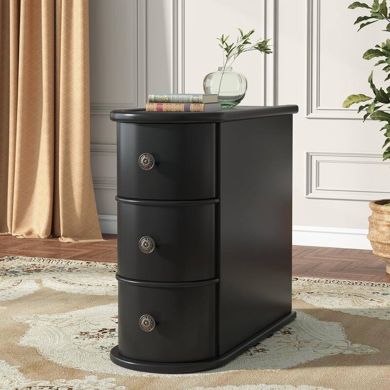 Solid Wood End Table, Two-Drawer Narrow Side Table, Fully Assembled - 1 PCS - 3 Drawers - Black