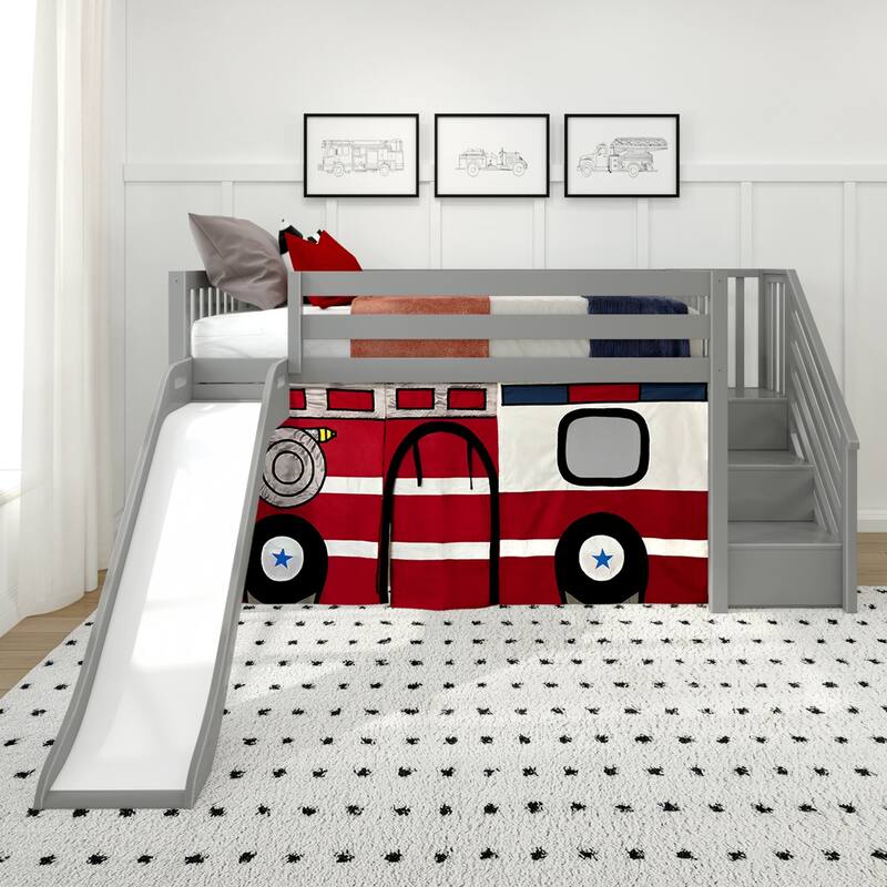Max and Lily Classic Twin Low Loft with Stairs, Easy Slide and Curtain