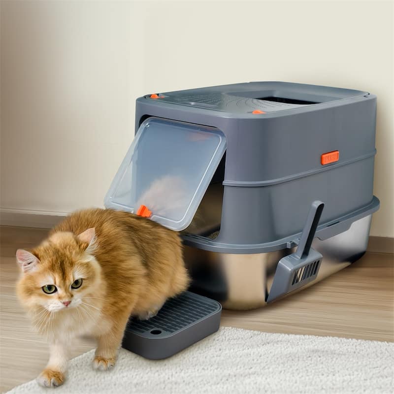 Full Enclosed Stainless Steel Cat Litter Box with Lid - Extra Large Litter Pan Tray with High Sided Enclosure, Anti-Leakage|Grey & Silver