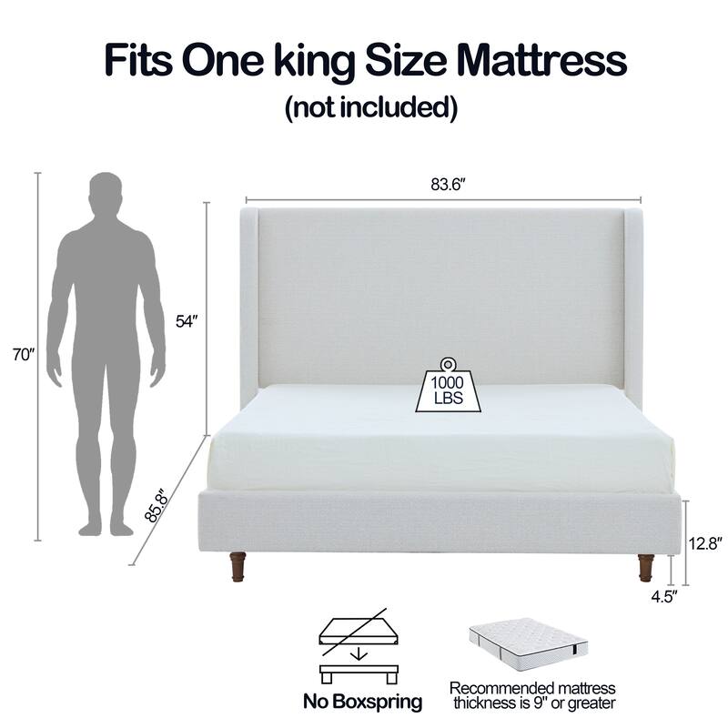 Upholstered King Bed with 54 Inch High Headboard, Cream White Boucle Fabric, Easy Assembly, No Box Spring Needed