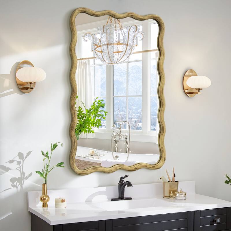 Scalloped Wood Frame Rectangle Wavy Wall Mirror