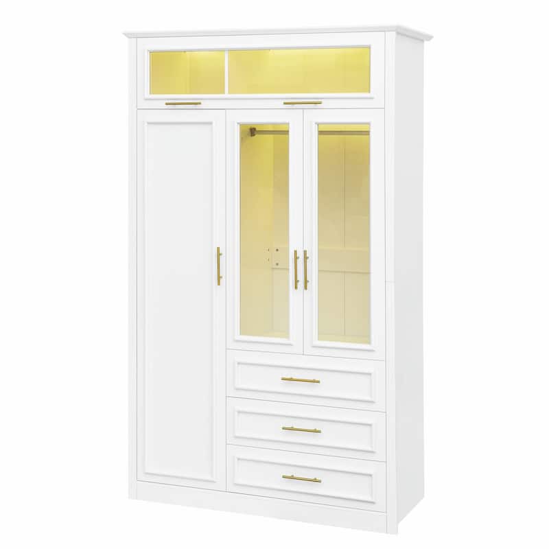 4-Door Wardrobe Armoire Closet with LED Lighting and 3 Drawers