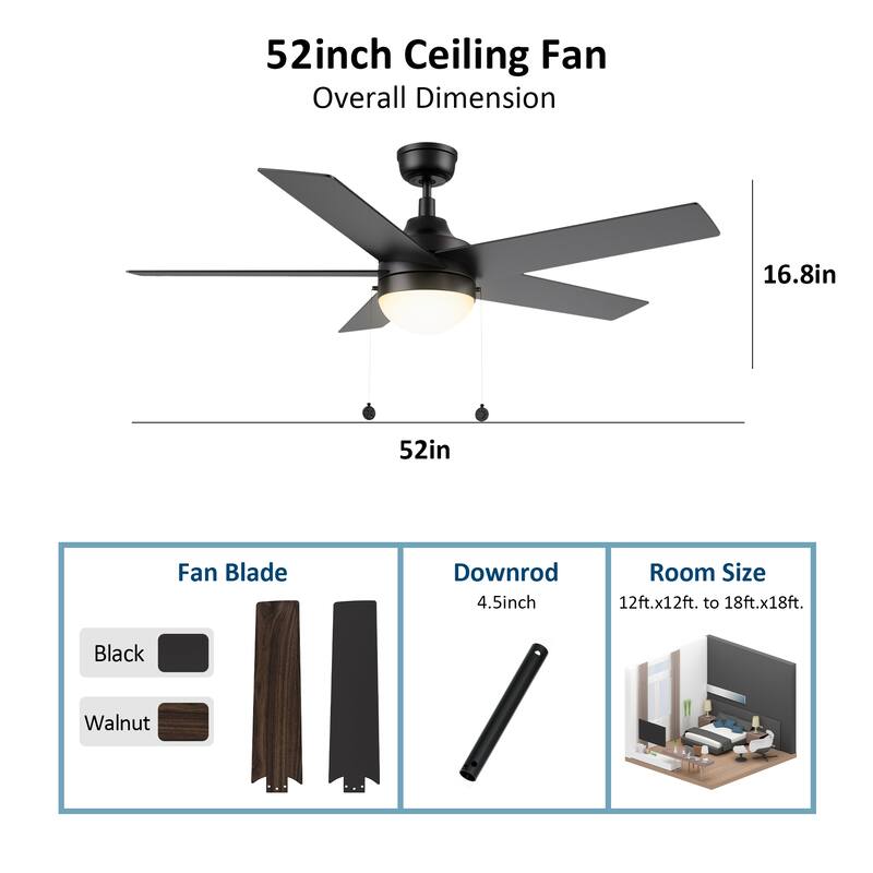 CARRO Norfolk 52" 5-Blade Ceiling Fan with Light and Pull Chain-Downrod