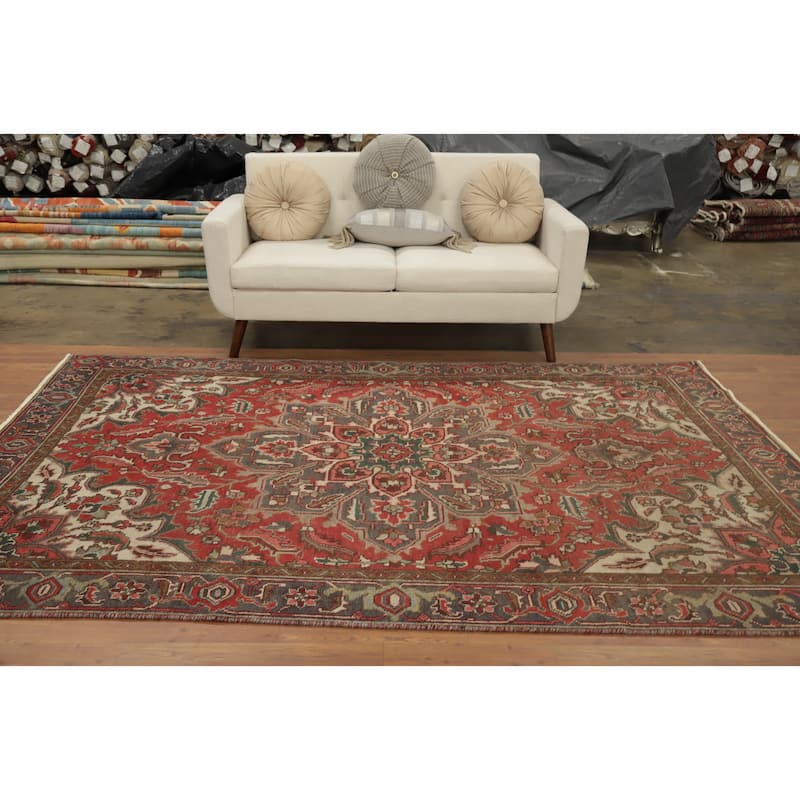 Hand Knotted Oriental 100% Wool Carpet Traditional Floral Oranges & Rust Heriz Area Rug - 9' 2'' X 6' 1''