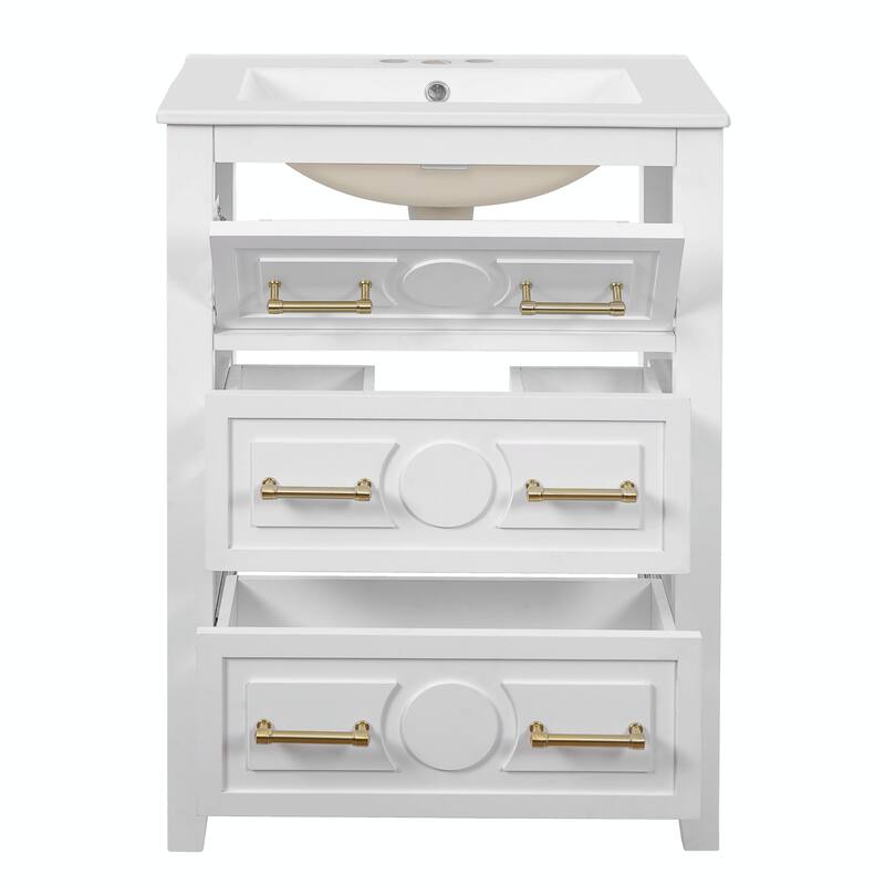 24" Bathroom Vanity with Ceramic Sink Combo, Free-Standing Single Vanity Set with 3 Drawers