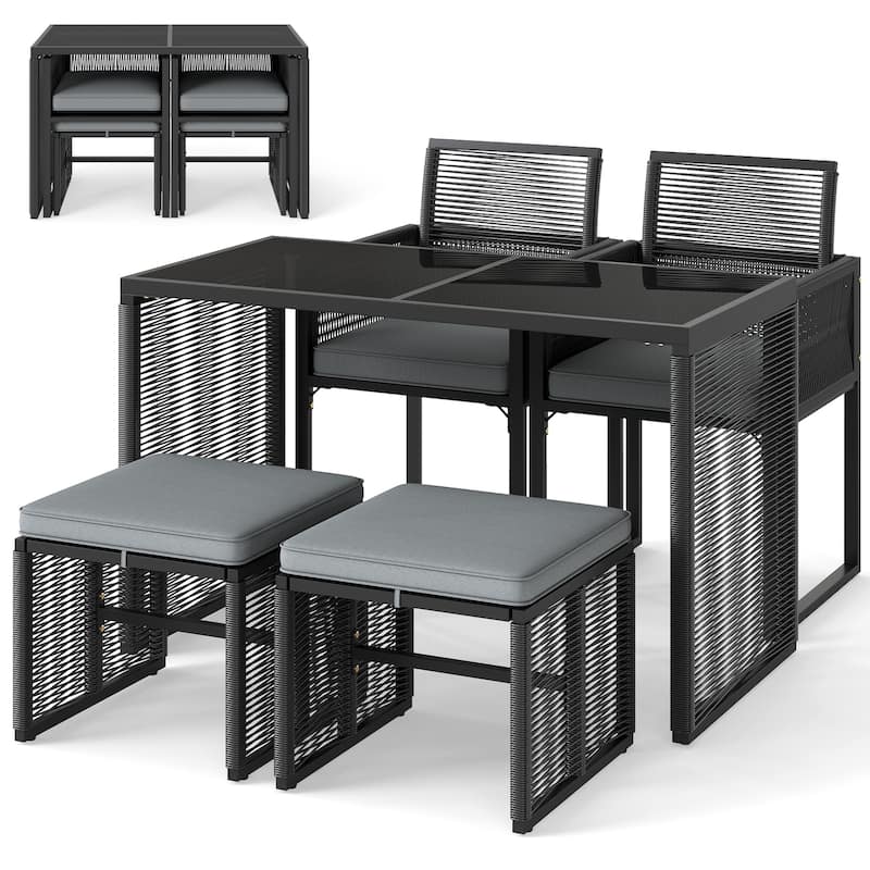 5 Piece Outdoor Patio Set with Cushions and Glass Table for Backyard - 45" x 22" x 28"