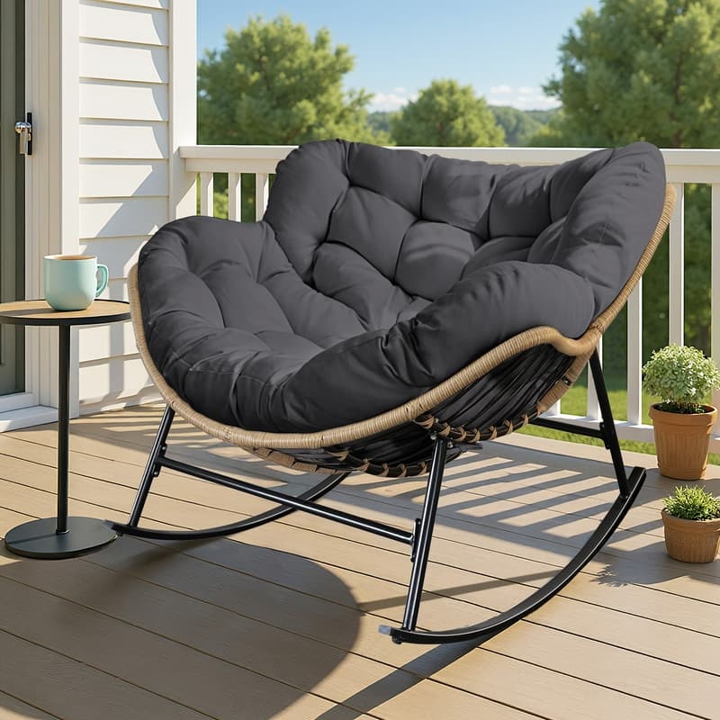 Outdoor Rocking Papasan Chair, Wide Egg Rocking Chair with Thick Padded Cushion, 450 lb Capacity Patio Relaxing Rocker