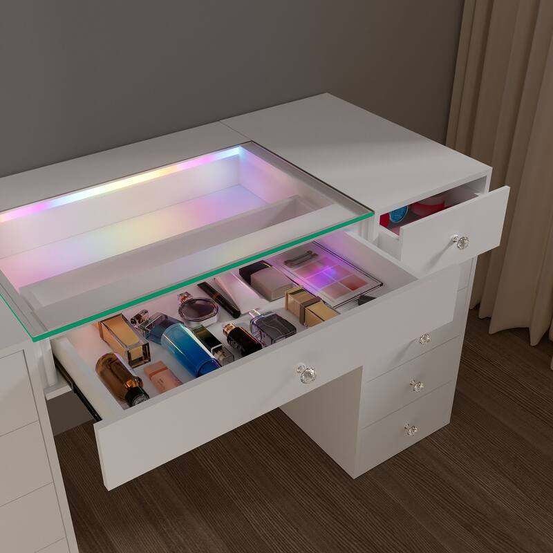 51.2" Vanity Desk with RGB LED Light Strip, Glass Top Vanity with 11 Drawers, Large Dressing Table with 6 Color Lighting Modes