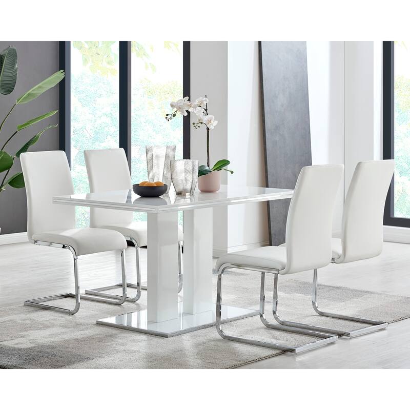 Modern White Lacquer and Chrome 51" Rectangular Dining Table with Pedestal Base