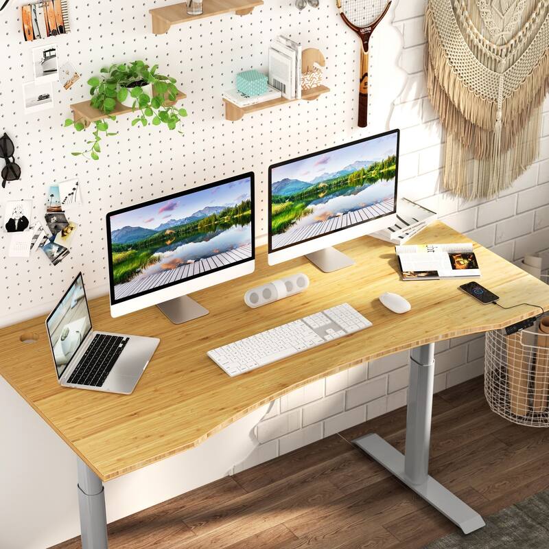 FLEXISPOT Electric Height Adjustable Standing Desk 3-Stage Dual Motor With Curved Bamboo Desktop